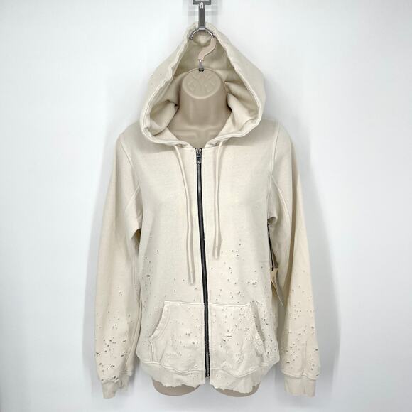 Cotton Citizen NEW Women's Distressed Hoodie in Bone Size M Long Sleeve Full Zip - Picture 1 of 8